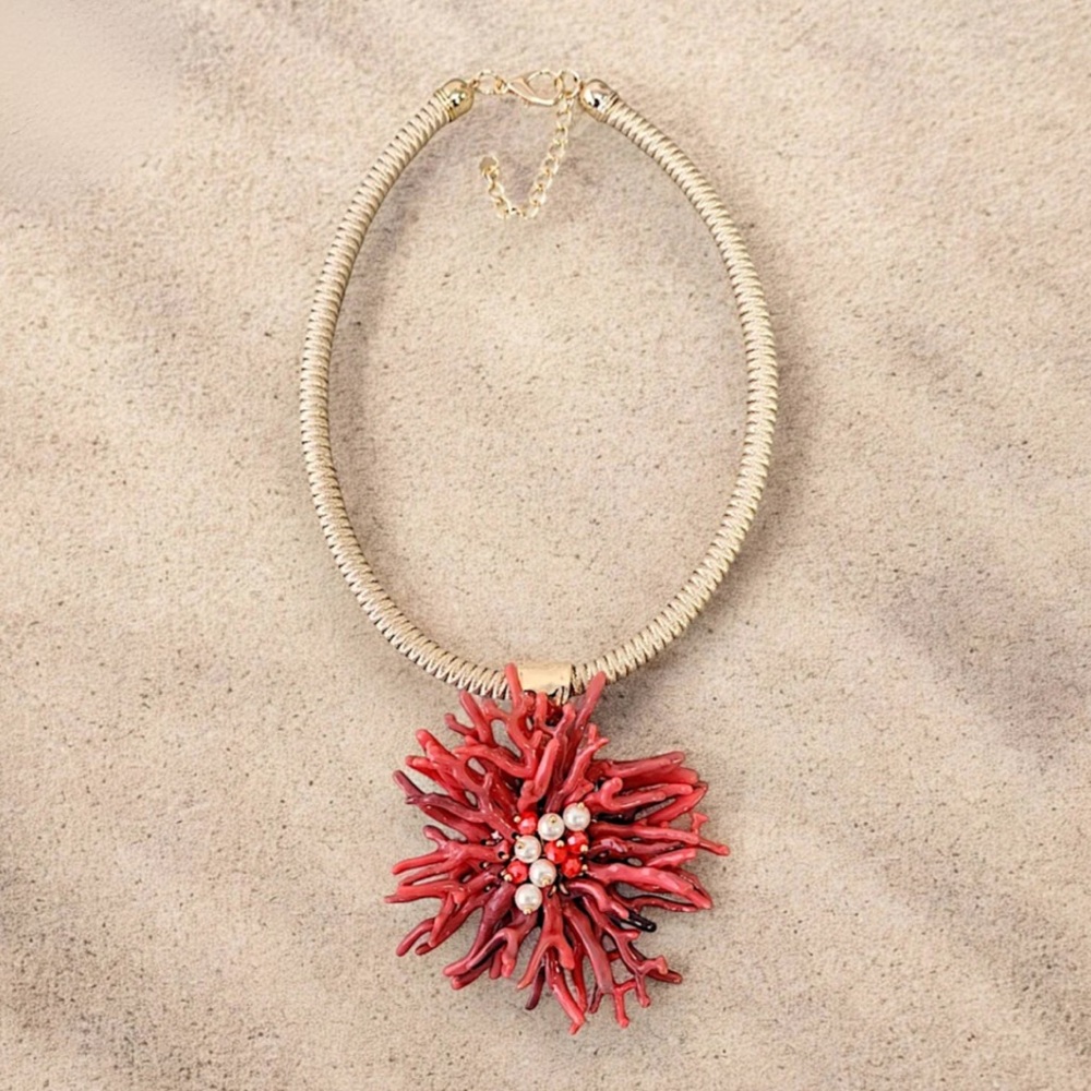 Bijoux Envie Red Coral Flower Statement Necklace | Coastal Boho Beach Jewelry